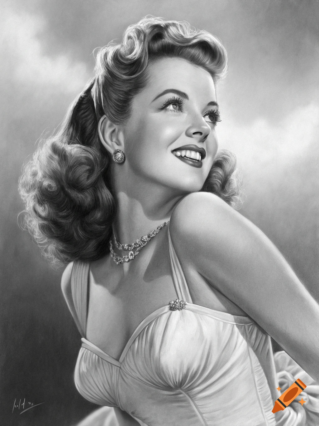Black and white pin-up style portrait drawing of a smiling woman looking upwards.