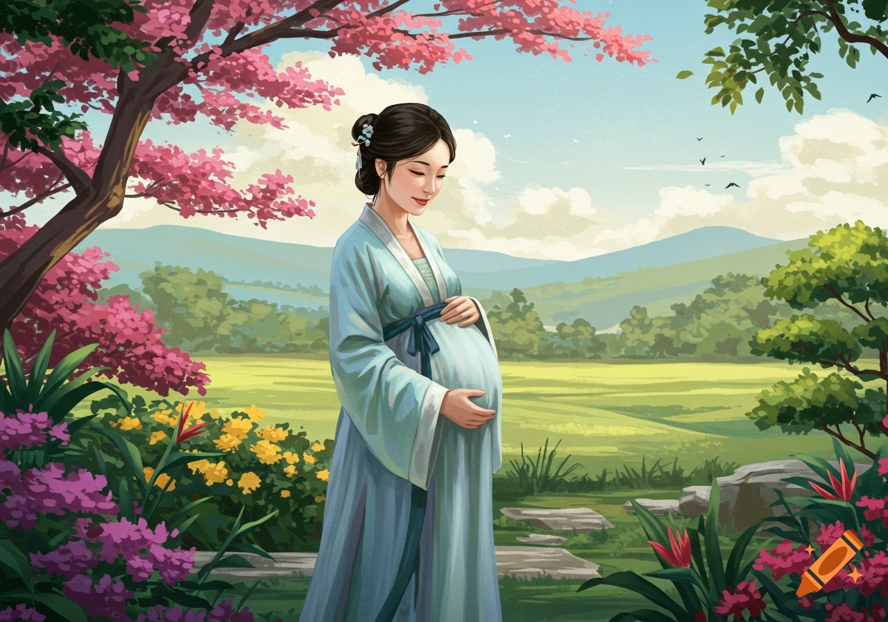 Illustration of a pregnant Asian woman in traditional clothing standing in a garden with cherry blossoms.