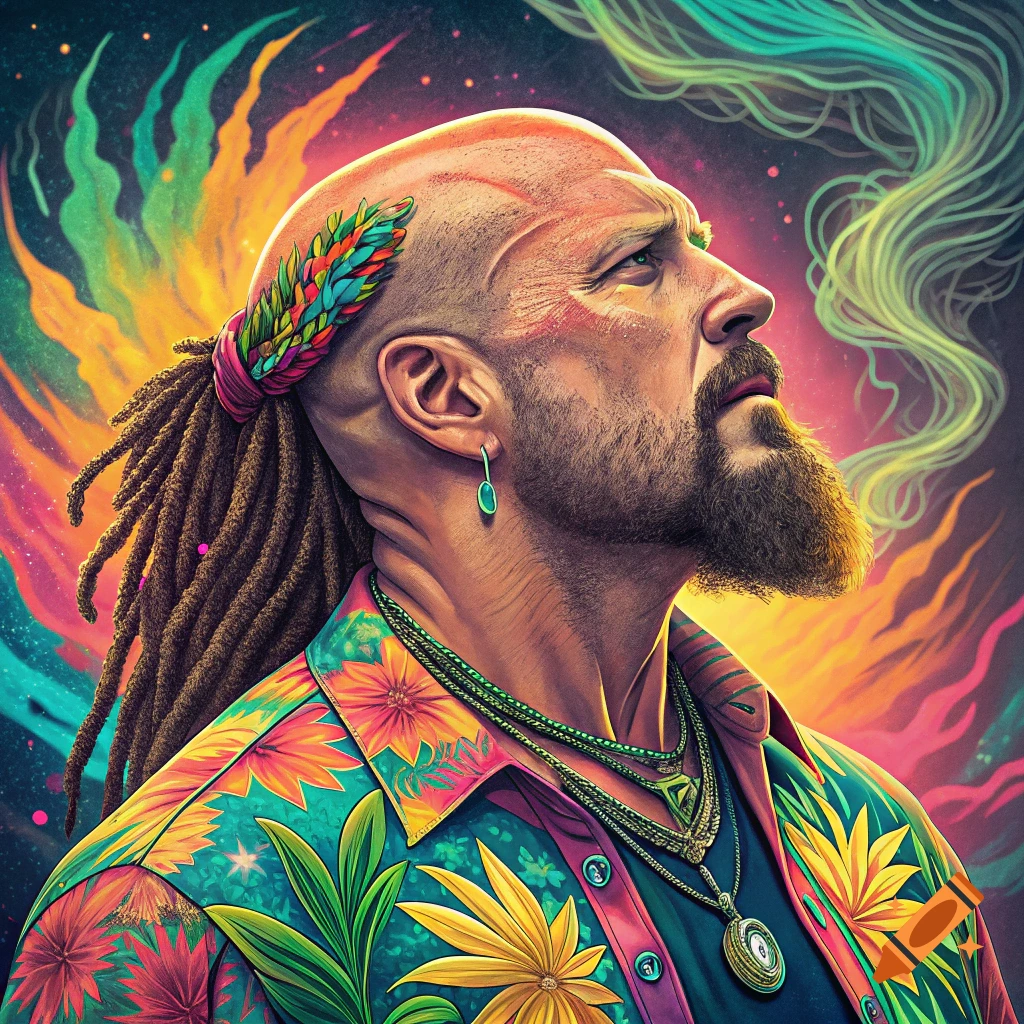Profile portrait of a man with dreadlocks and beard, wearing a vibrant floral shirt against a colorful psychedelic background.