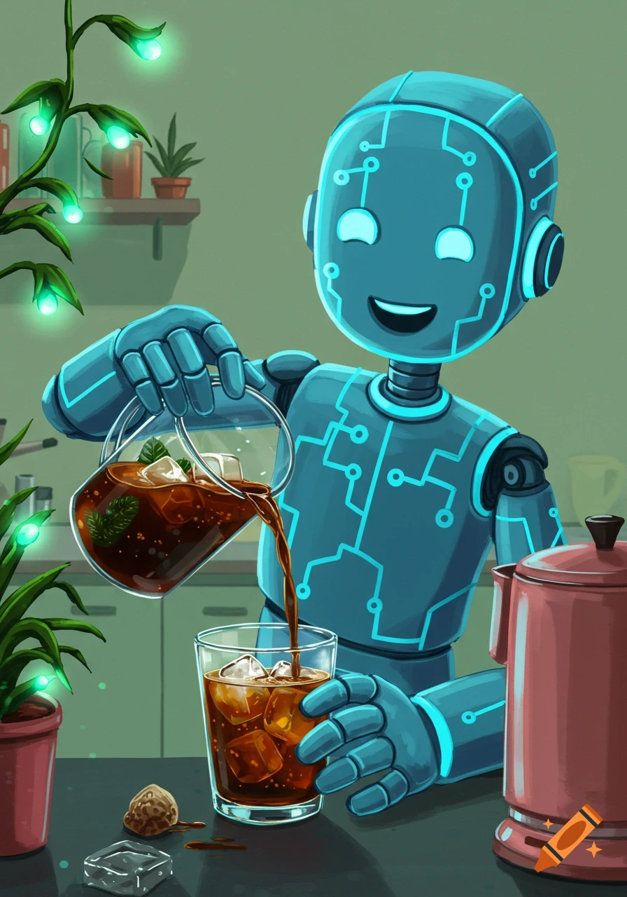 A friendly blue robot pours iced coffee from a carafe into a glass in a bright kitchen.