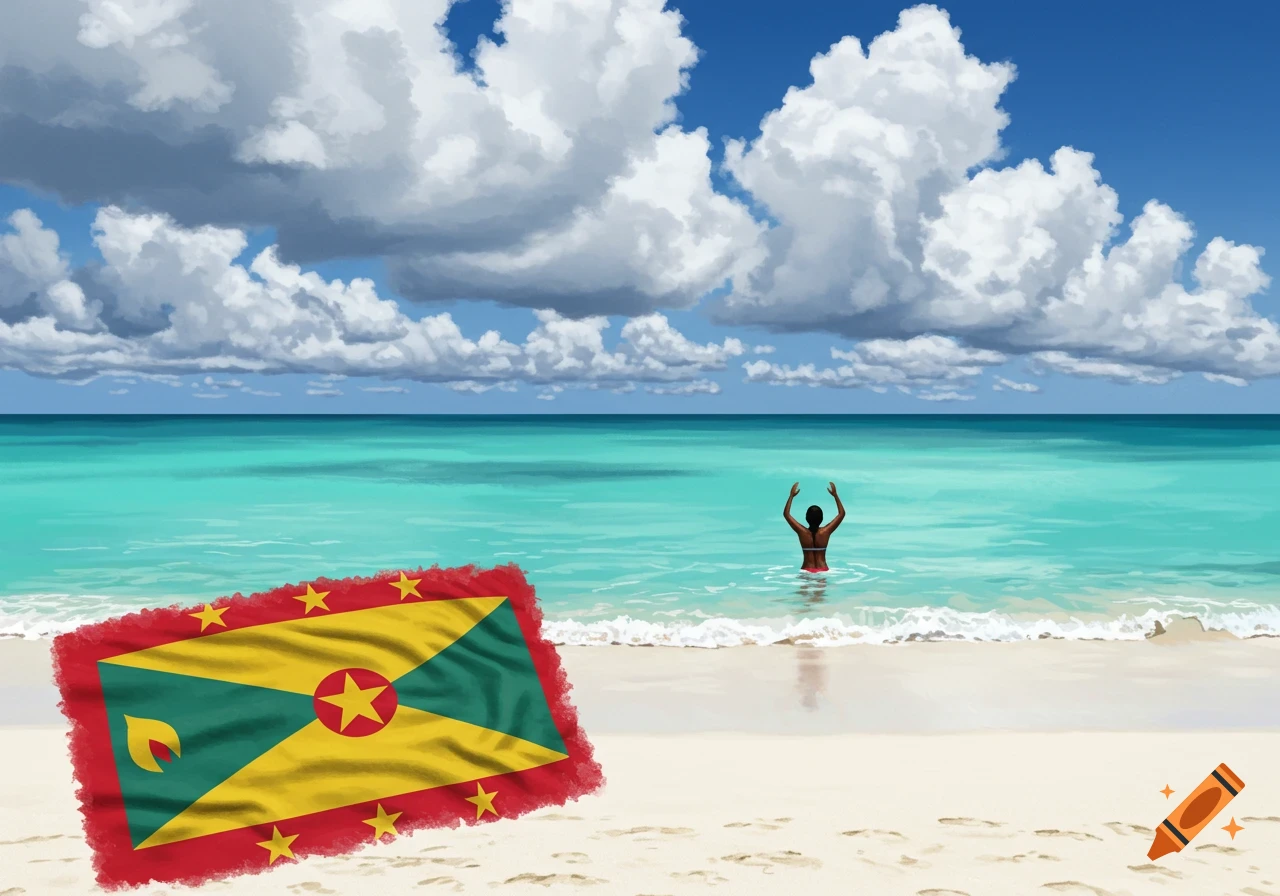 Painting of a person swimming in turquoise water at a sunny beach with a Grenada flag on the sand in the foreground.