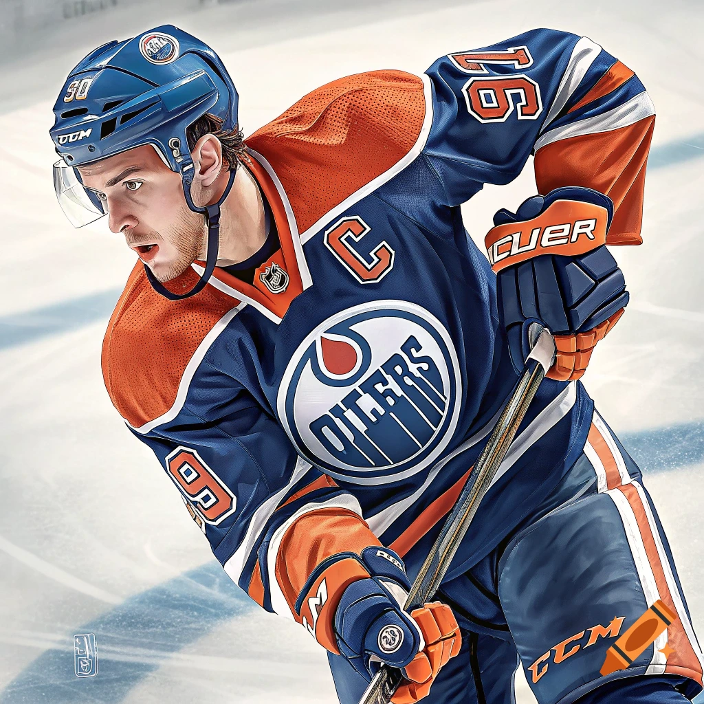 A close-up of a hockey player in an Oilers uniform, number 97 with a captain's "C", skating on the ice.