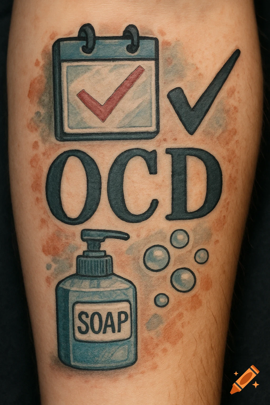 A tattoo depicting symbols of OCD: a calendar, checkmark, the letters 'OCD', a soap bottle labeled 'SOAP', and bubbles.