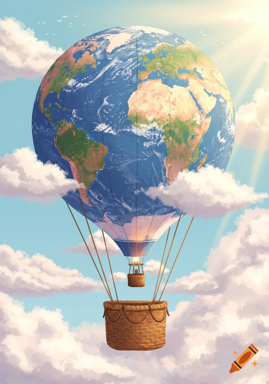 A large hot air balloon shaped like the Earth globe floats in a bright, cloudy sky with sun rays.