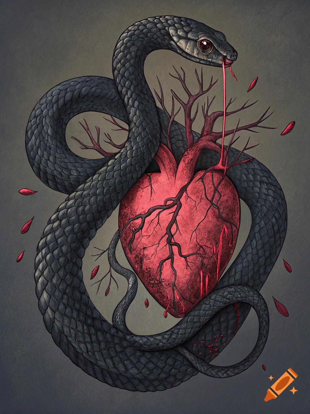 Dark gray snake wrapped around a bleeding red heart, illustration