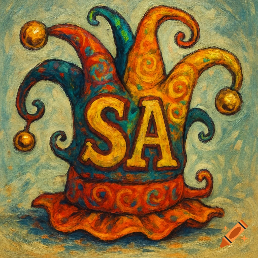 A colorful, painterly image of a jester hat with the letters SA on it.