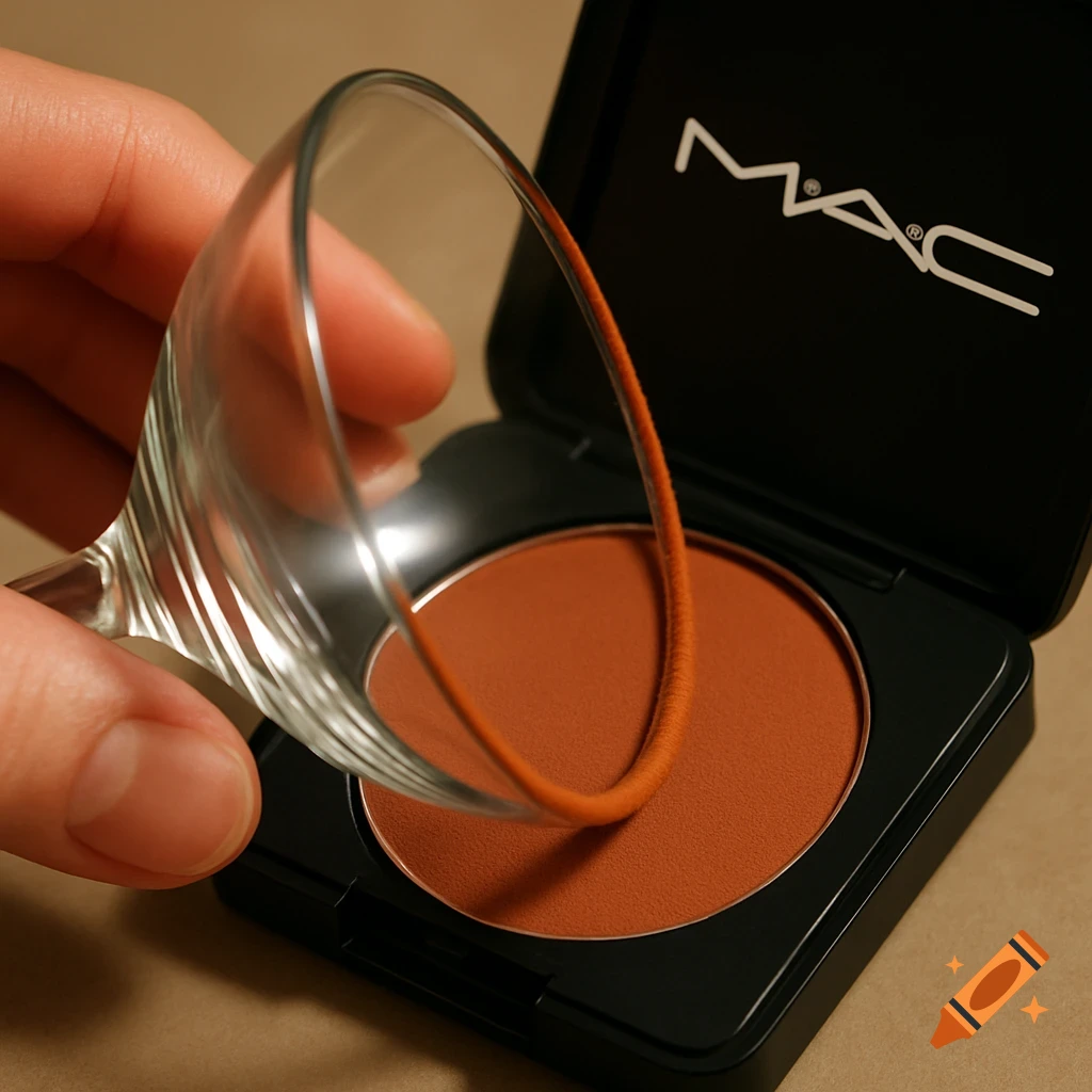 Hand holds a glass, dipping it into an open MAC eyeshadow palette.