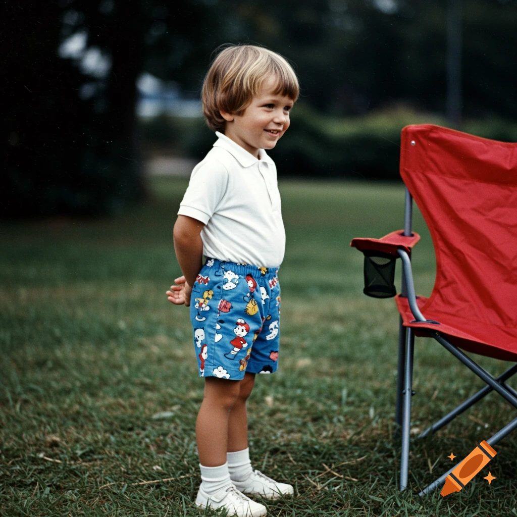 Young boy standing in a park next to a red chair, smiling. He wears blue shorts with cartoon characters and a white shirt.