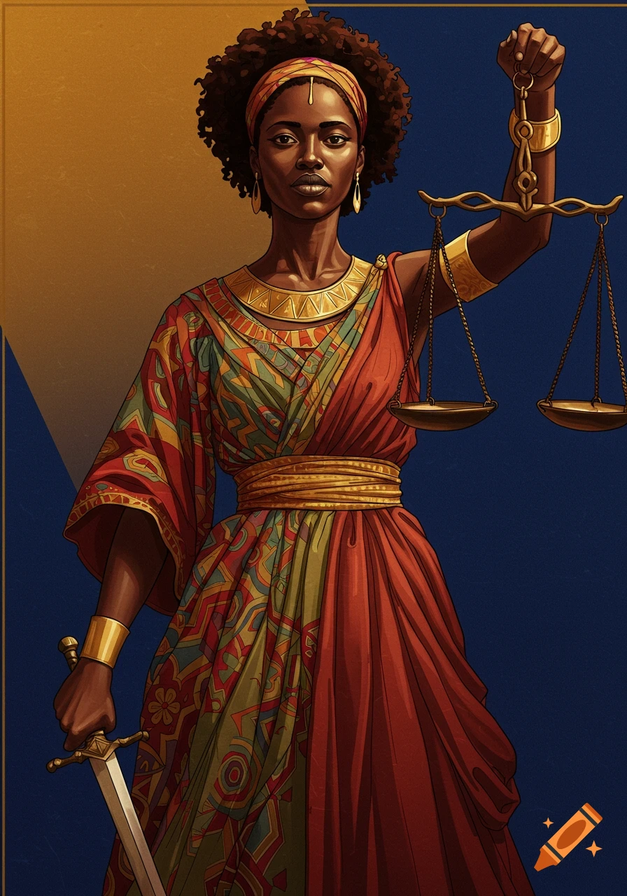 Illustration of a Black woman holding scales of justice and a sword, symbolizing justice.