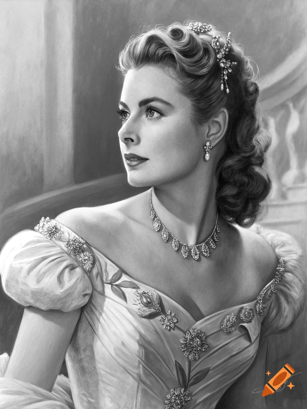 Black and white painting of a woman in a jeweled dress looking away.