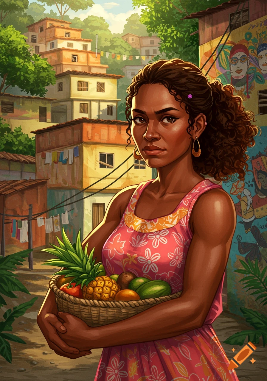 Woman holds a basket of fruit in a Brazilian favela street, painterly style.