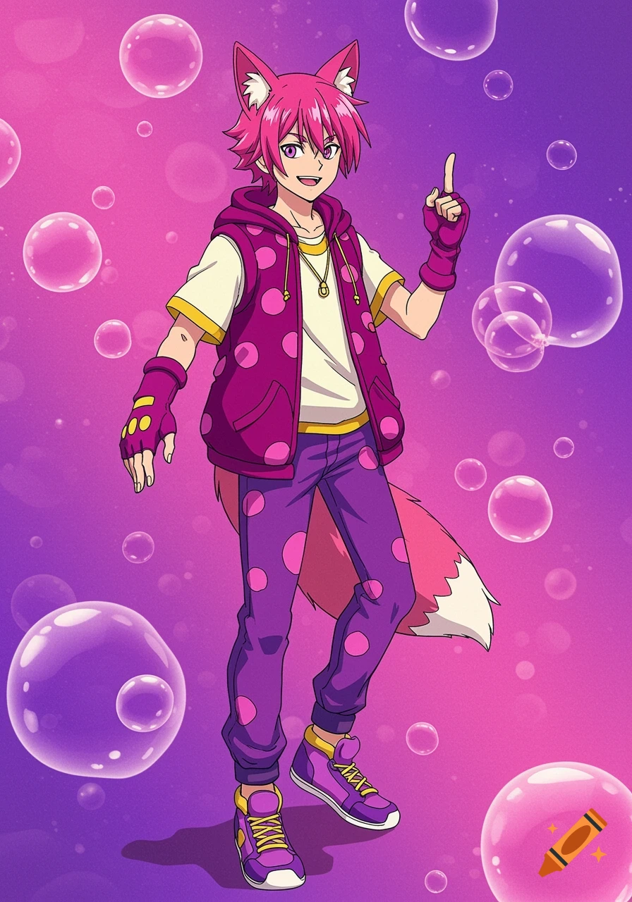 Anime character with pink hair and fox ears/tail in a colorful polka dot outfit among bubbles.