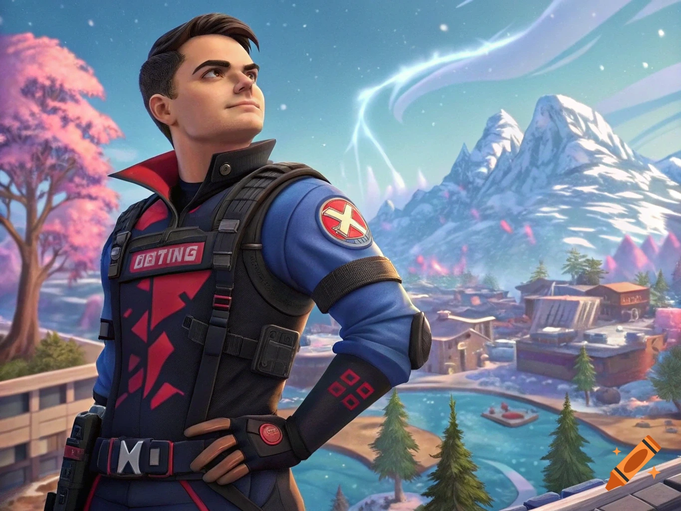 Stylized character in Fortnite-like tactical gear stands overlooking a snowy mountain village with cherry blossom trees.
