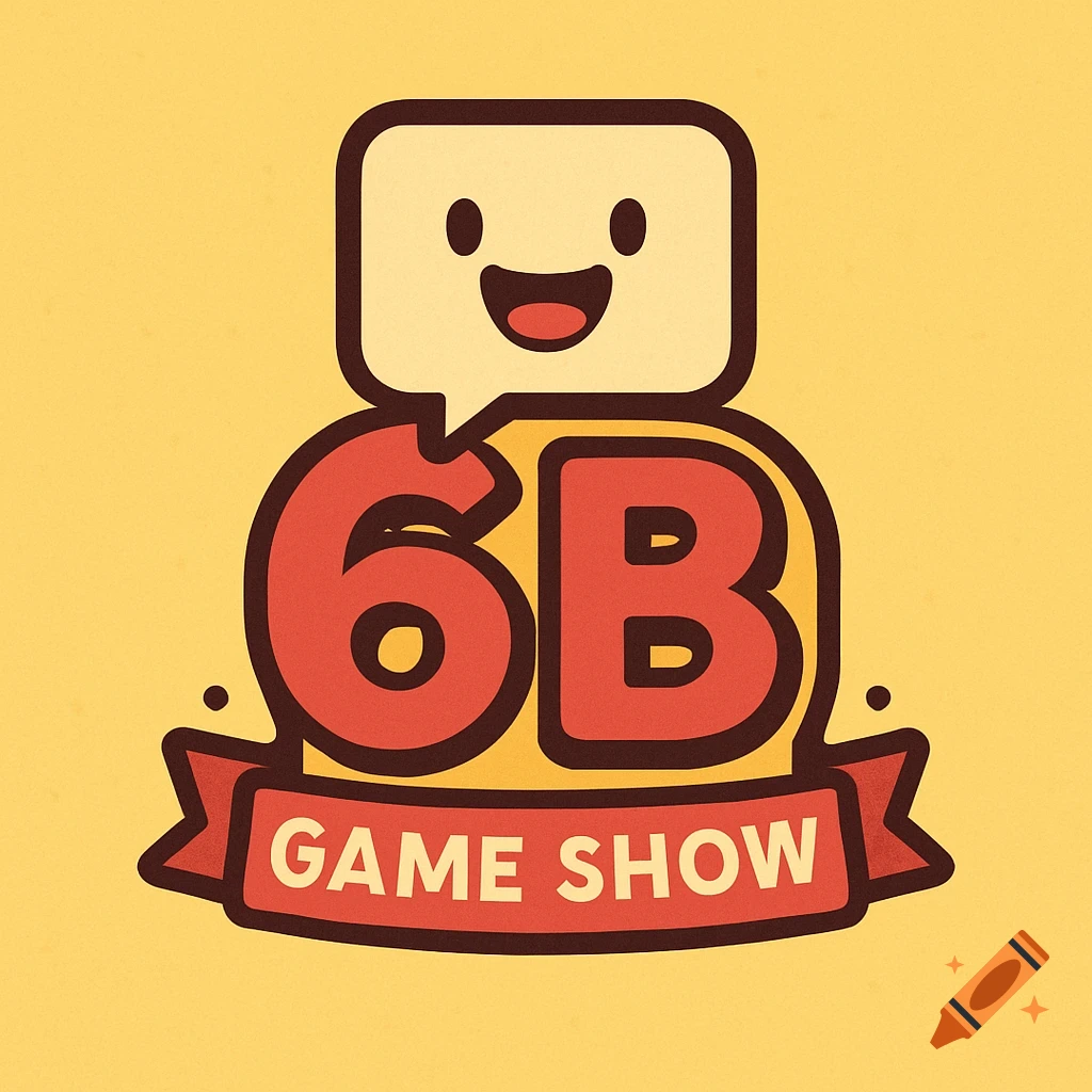 Cute logo for 6B game show with a happy character head and a ribbon.