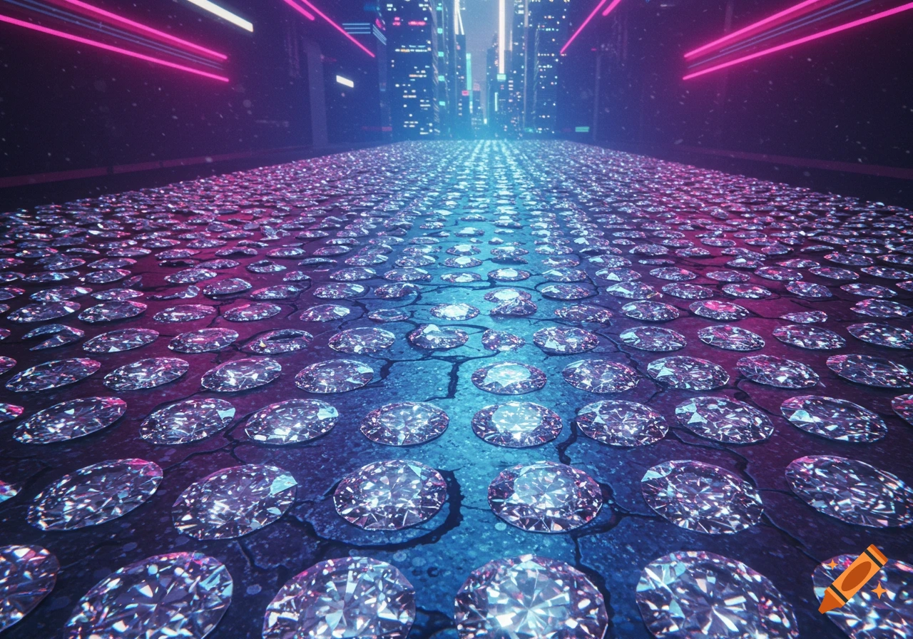 A street paved with sparkling diamonds in a futuristic cityscape with neon lights.