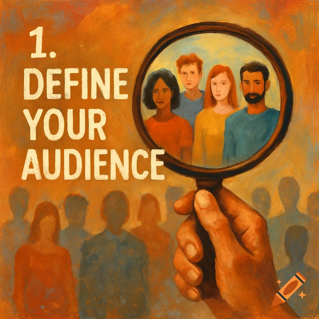 Hand holds a magnifying glass over a diverse group of people with text '1. Define Your Audience' in a painterly style.