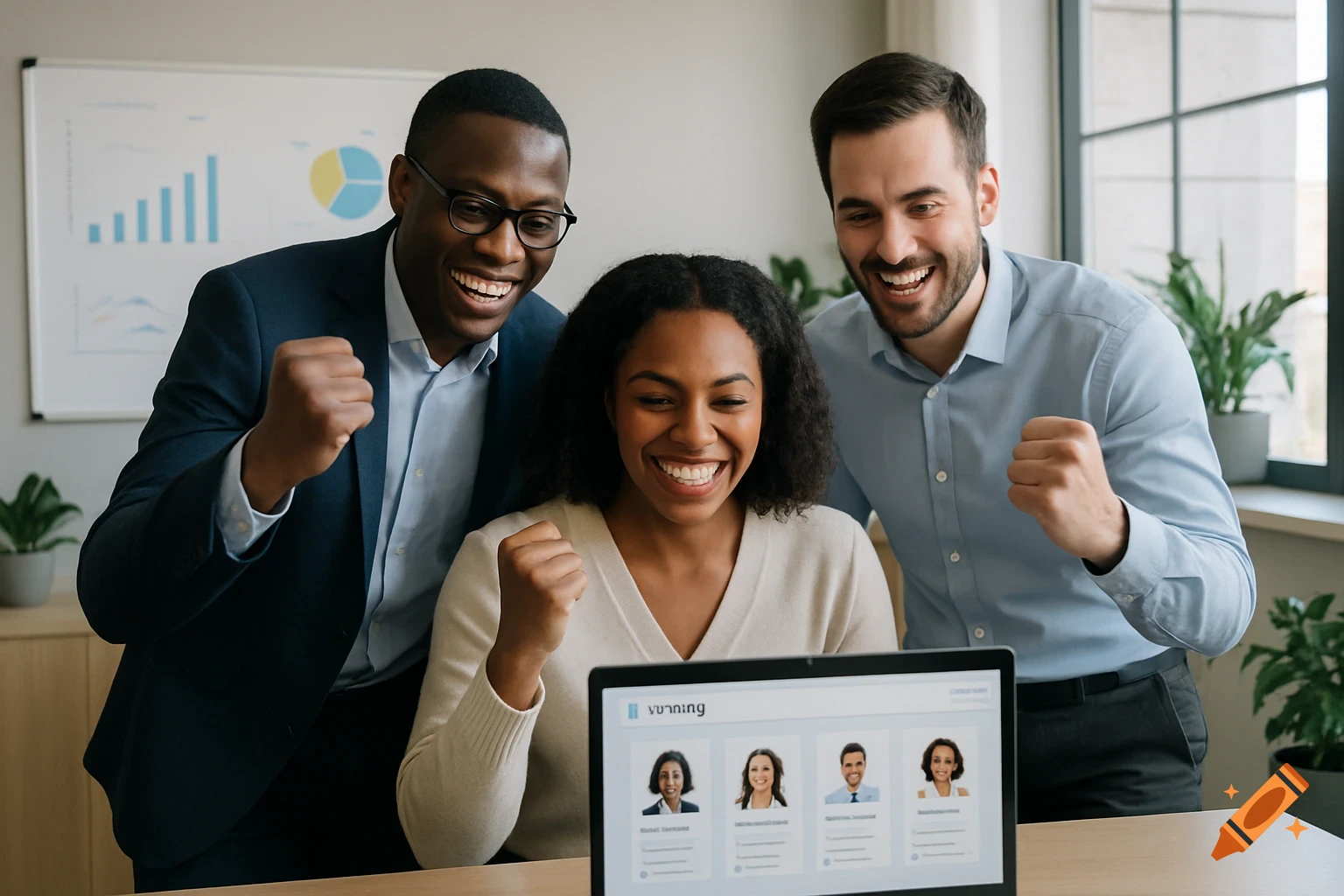 Three diverse people smiling and celebrating while looking at a laptop in an office.