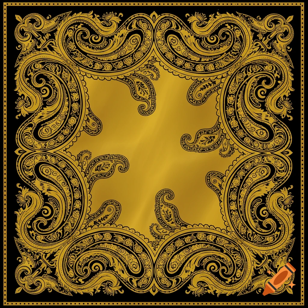 A square design with a gold paisley pattern on a black background.