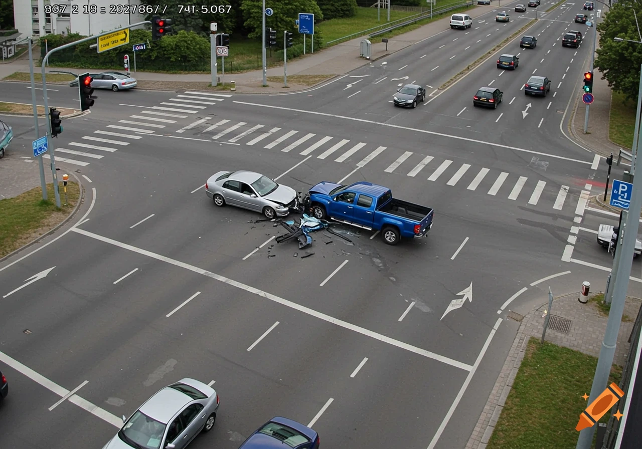 Aerial view of a silver car and blue pickup truck crashed in a busy street intersection with scattered debris.