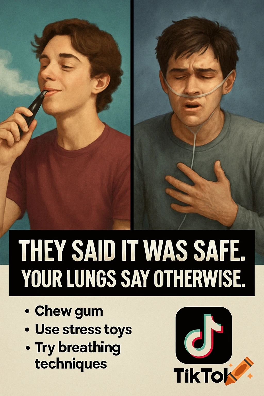 Illustration poster shows young man vaping and another struggling with breathing, with text about dangers of vaping and alternatives.