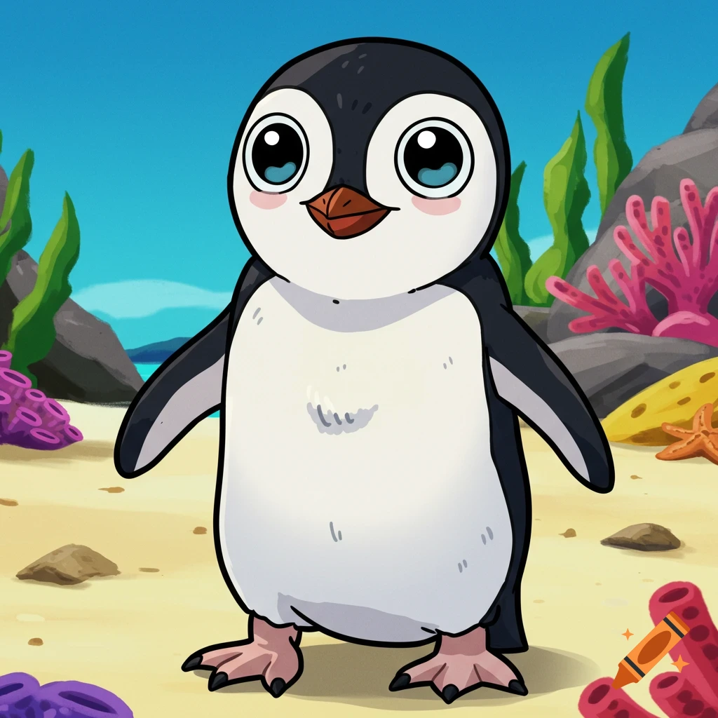A cute cartoon penguin stands on a sandy beach underwater.