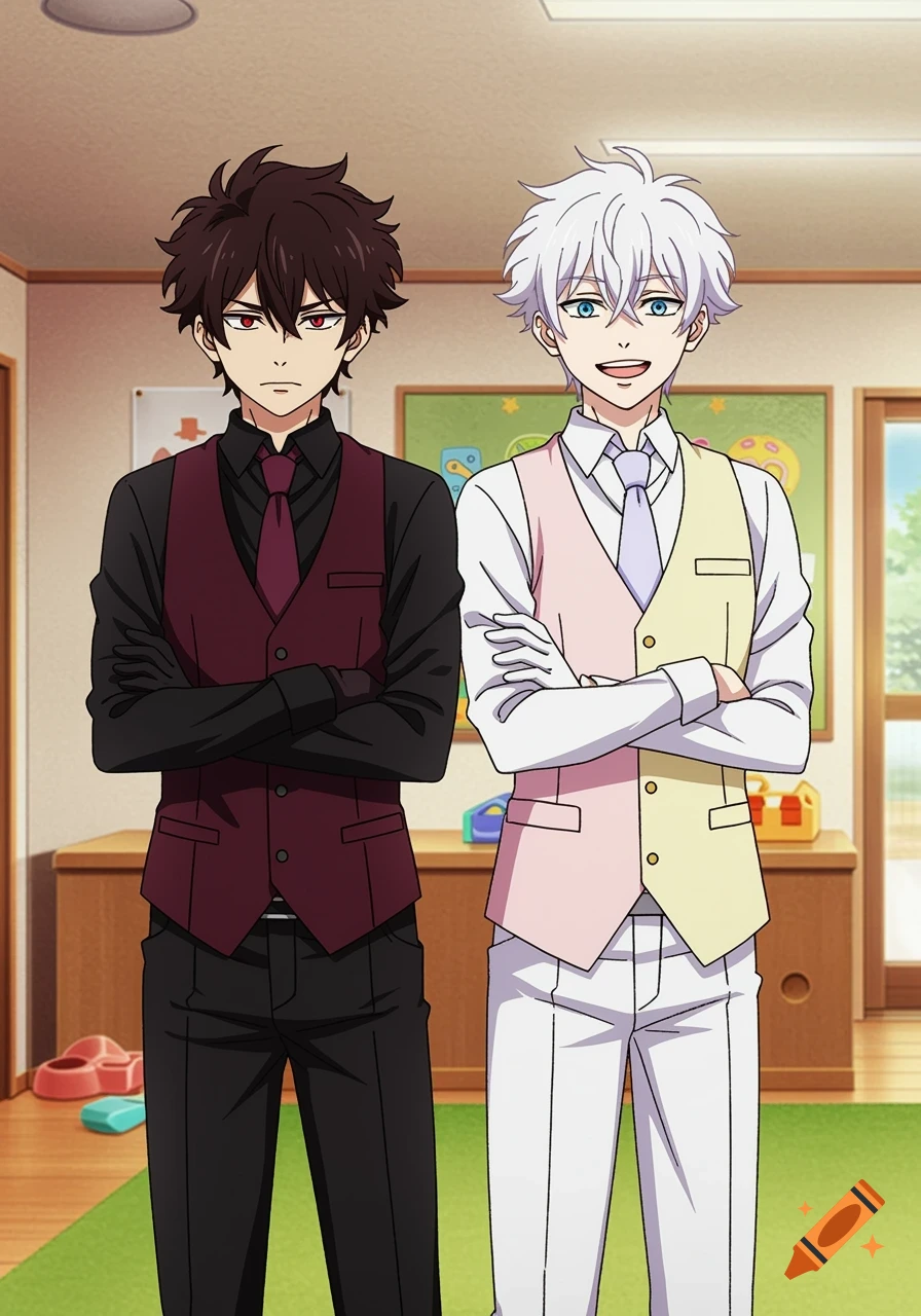 Two anime men, one with dark hair and red eyes, the other with white hair and blue eyes, standing in a playroom.