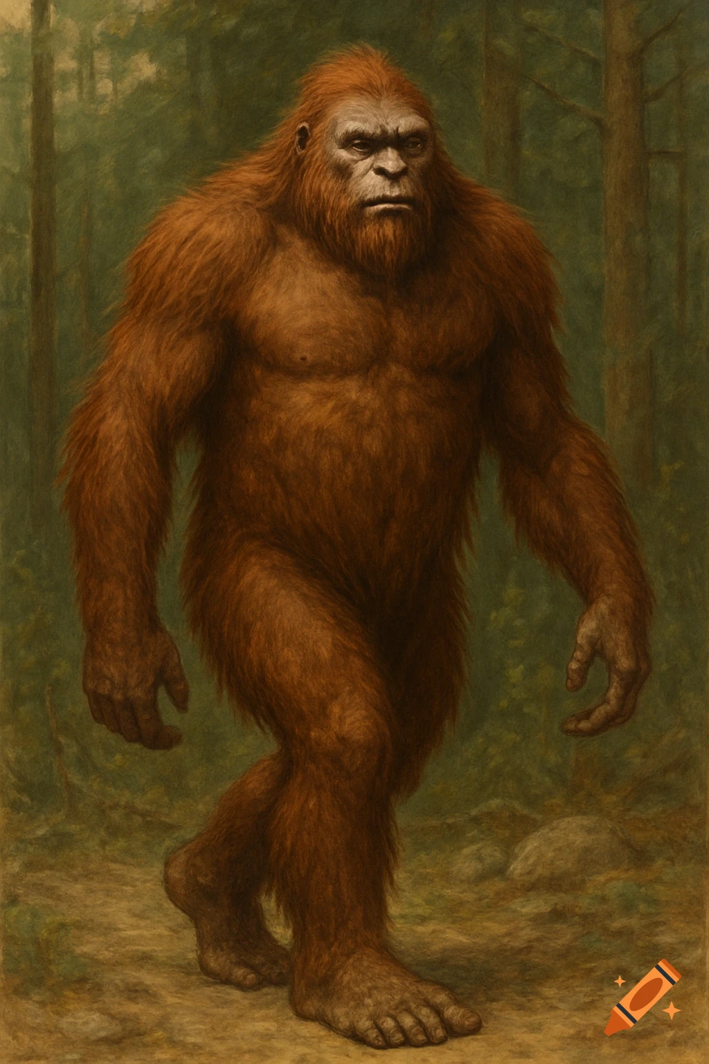 Illustration of Bigfoot walking through a forest.
