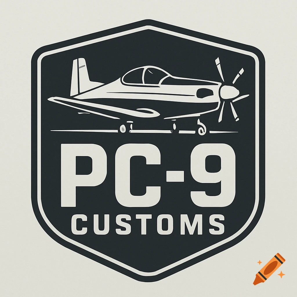 A dark gray hexagonal logo with a white illustration of an airplane and the text PC-9 CUSTOMS.
