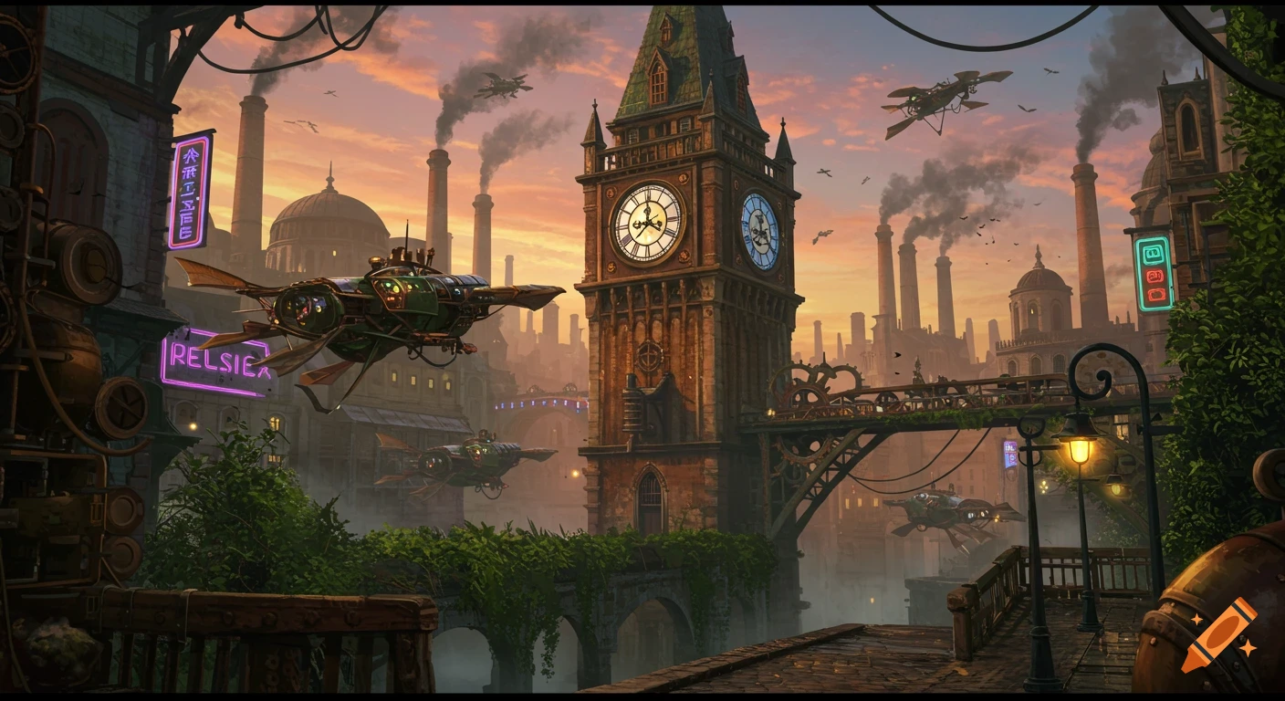 A detailed steampunk cityscape with a clock tower resembling Big Ben, airships flying, factories emitting smoke, and neon signs at sunset.