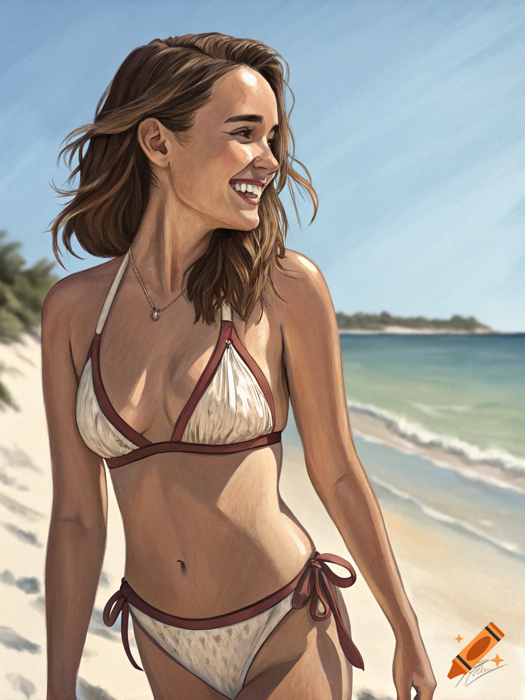 Digital painting of a smiling woman in a bikini on a sunny beach.