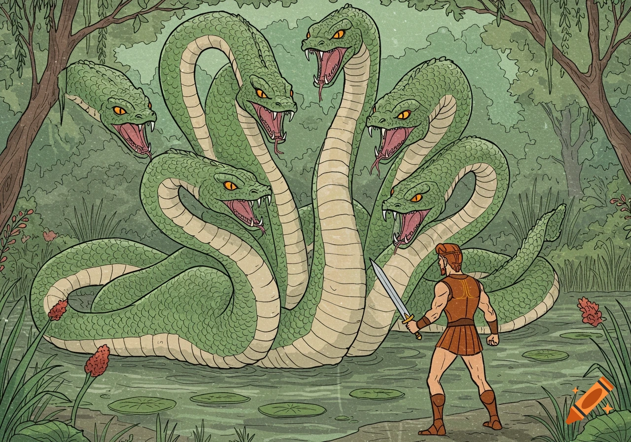 Hercules battles a multi-headed hydra in a swamp, illustration