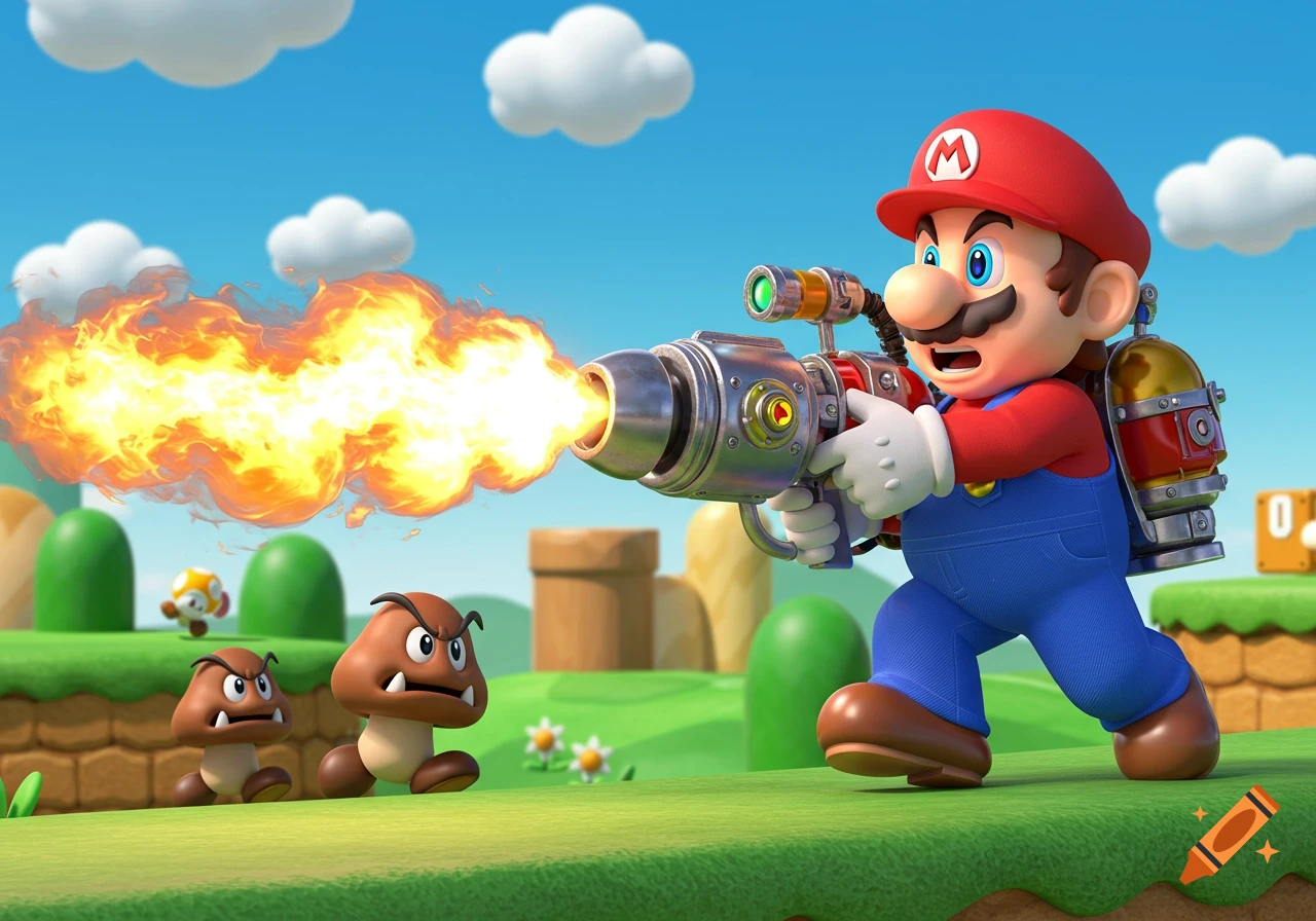 Mario shoots fire from a flamethrower at Goombas in a cartoon video game landscape.