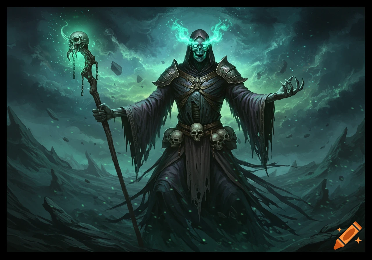 A dark fantasy illustration of a skeletal lich with glowing green eyes and a skull-topped staff in a desolate landscape.