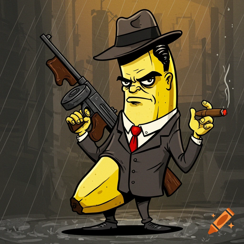 Cartoon gangster banana holding a gun and smoking a cigar in the rain.