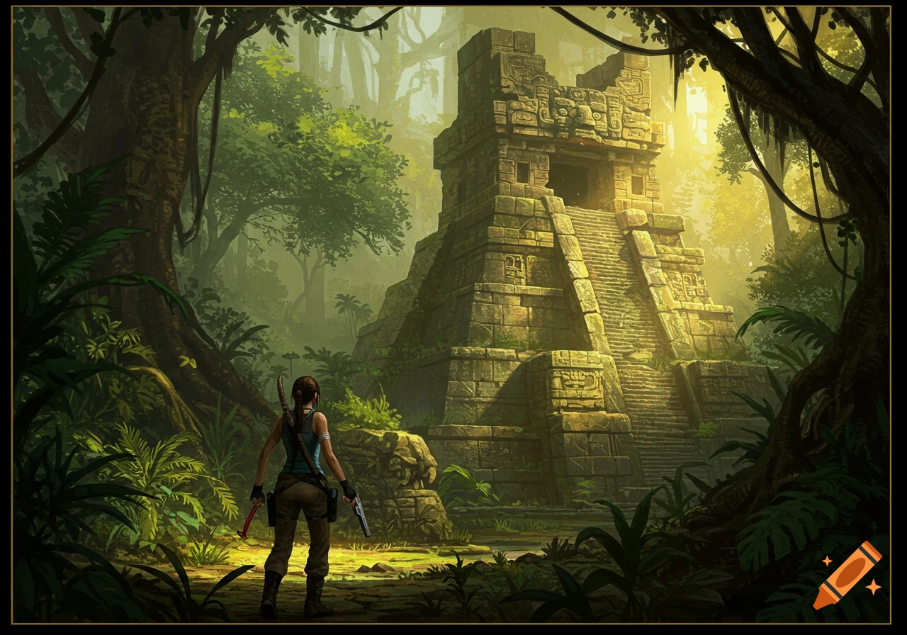 A woman stands before an ancient stone temple in a dense, sunlit jungle.