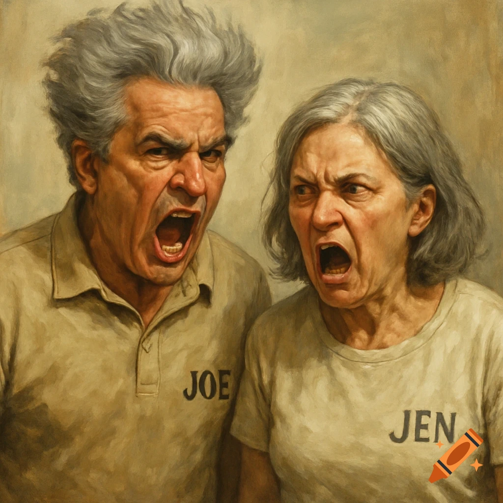 Two angry people screaming, wearing shirts labeled JOE and JEN, in a painterly style.