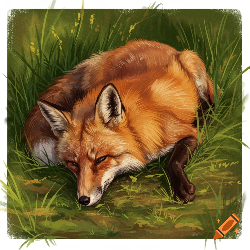 A painted image of a red fox lying in tall grass.