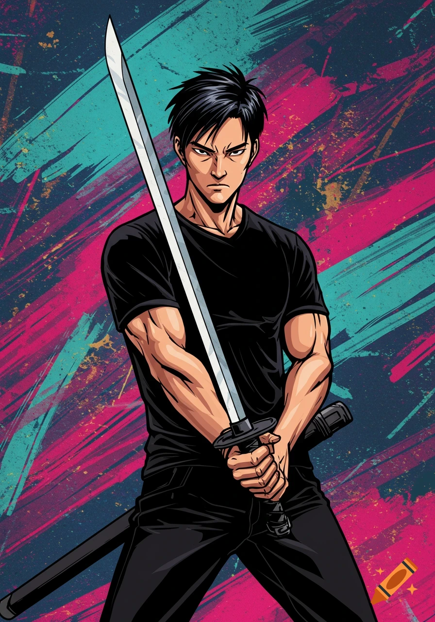 Anime style portrait of a man holding a sword against a colorful abstract background.