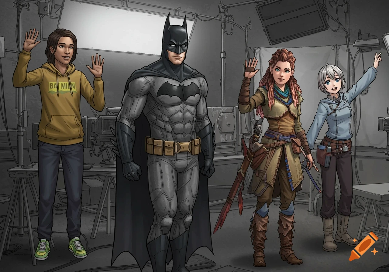 Anime style drawing of Batman, Aloy, and other characters on a TV set, waving.