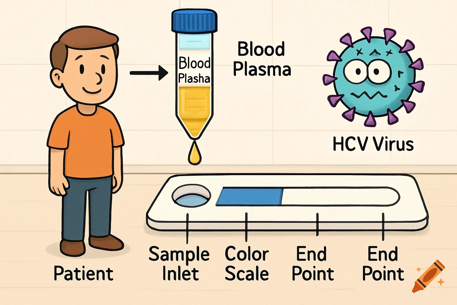 Cartoon illustration of a patient, test tube with blood plasma, diagnostic test strip, and HCV virus.