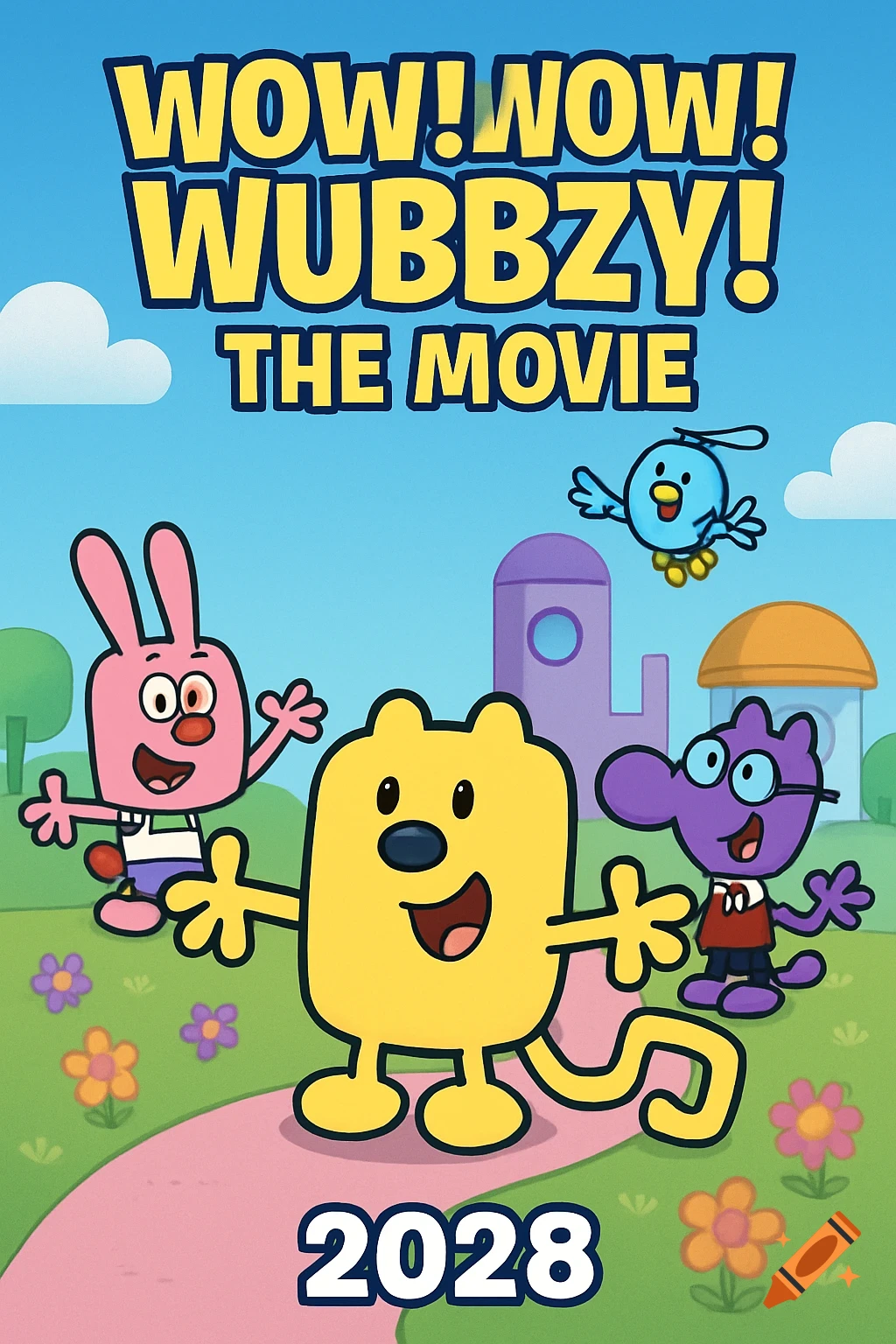 Cartoon movie poster for Wow! Wow! Wubbzy! The Movie 2028 with Wubbzy, Widget, and Walden.