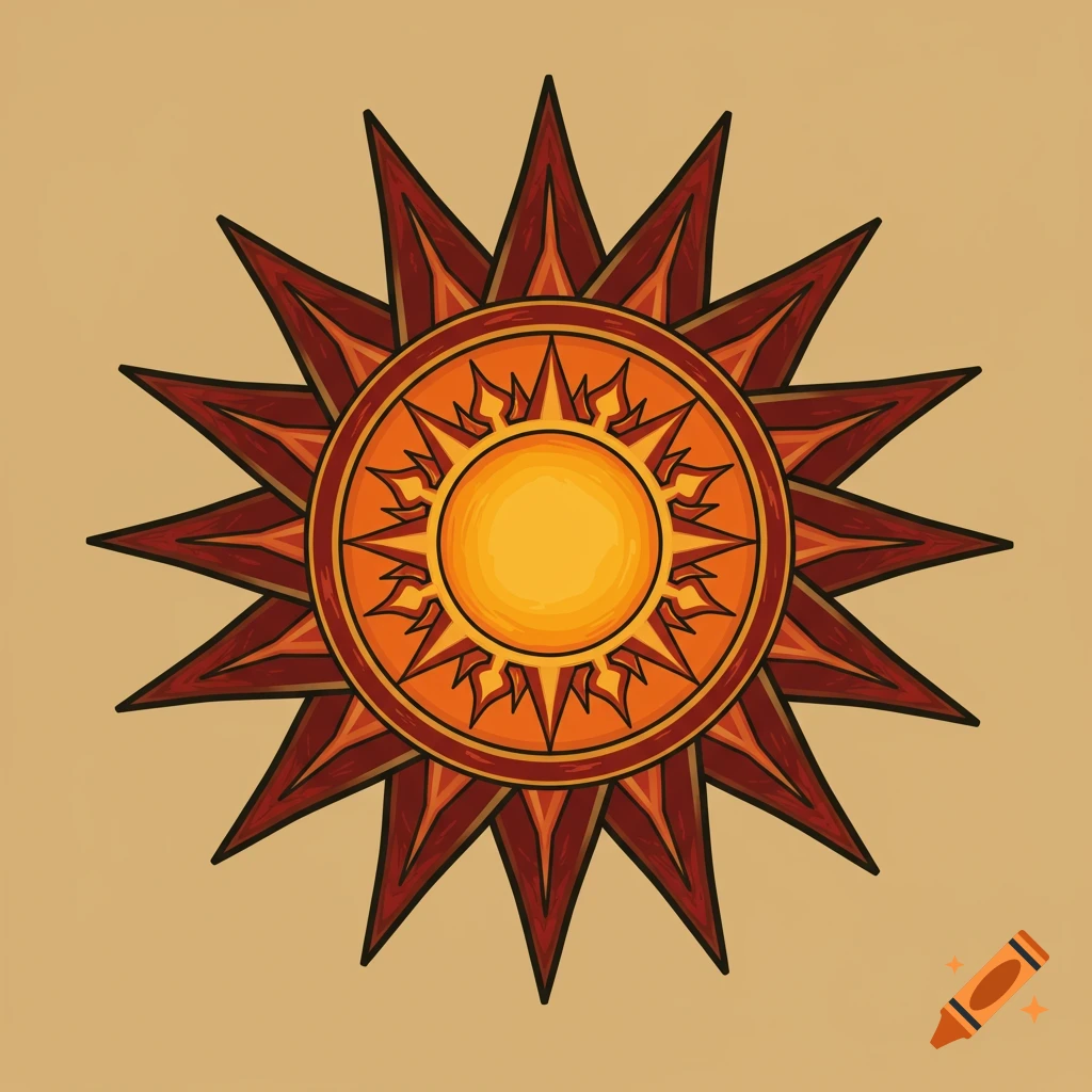 A stylized tribal sun symbol in red and orange.