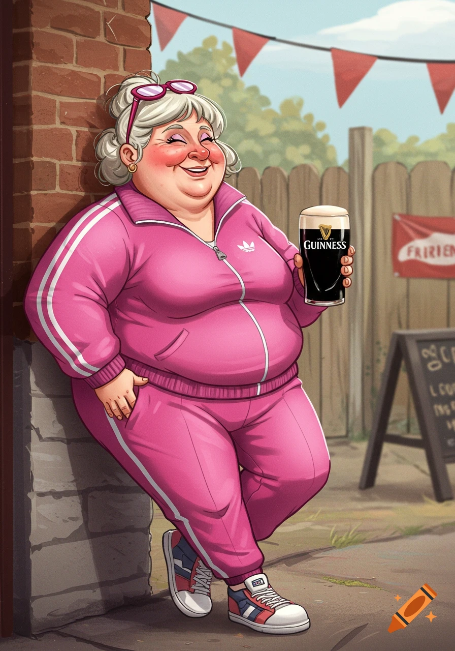 An illustration of an older woman in a pink tracksuit holding a pint of Guinness outside a pub.