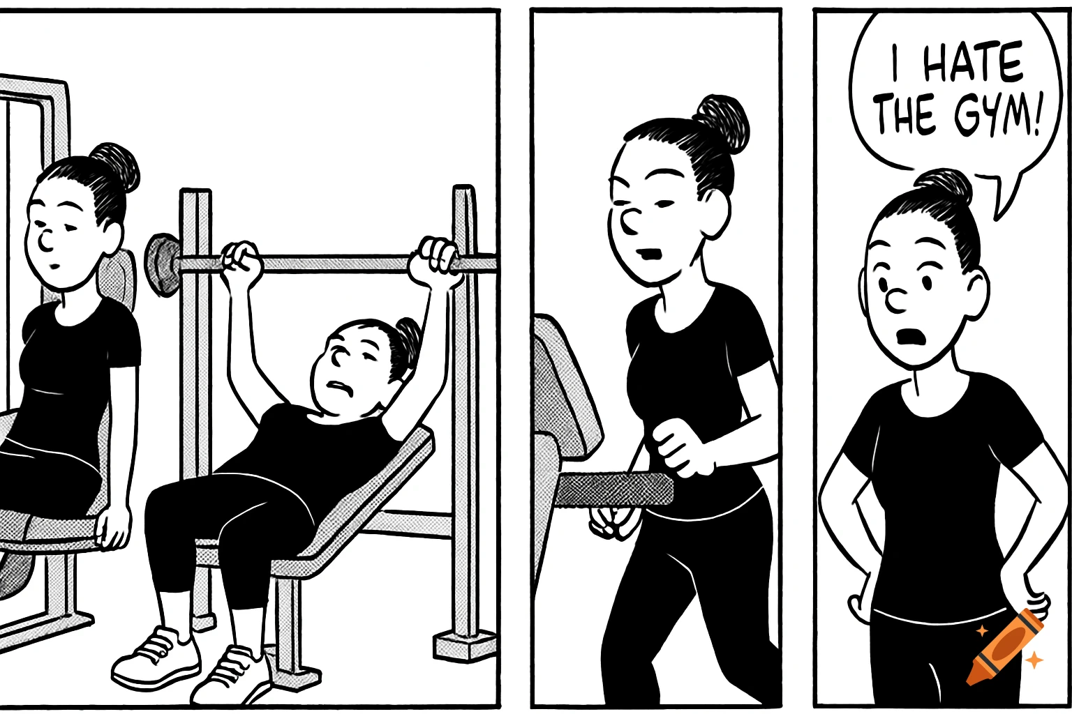 Comic strip panels show a woman exercising at the gym and saying 'I hate the gym!'