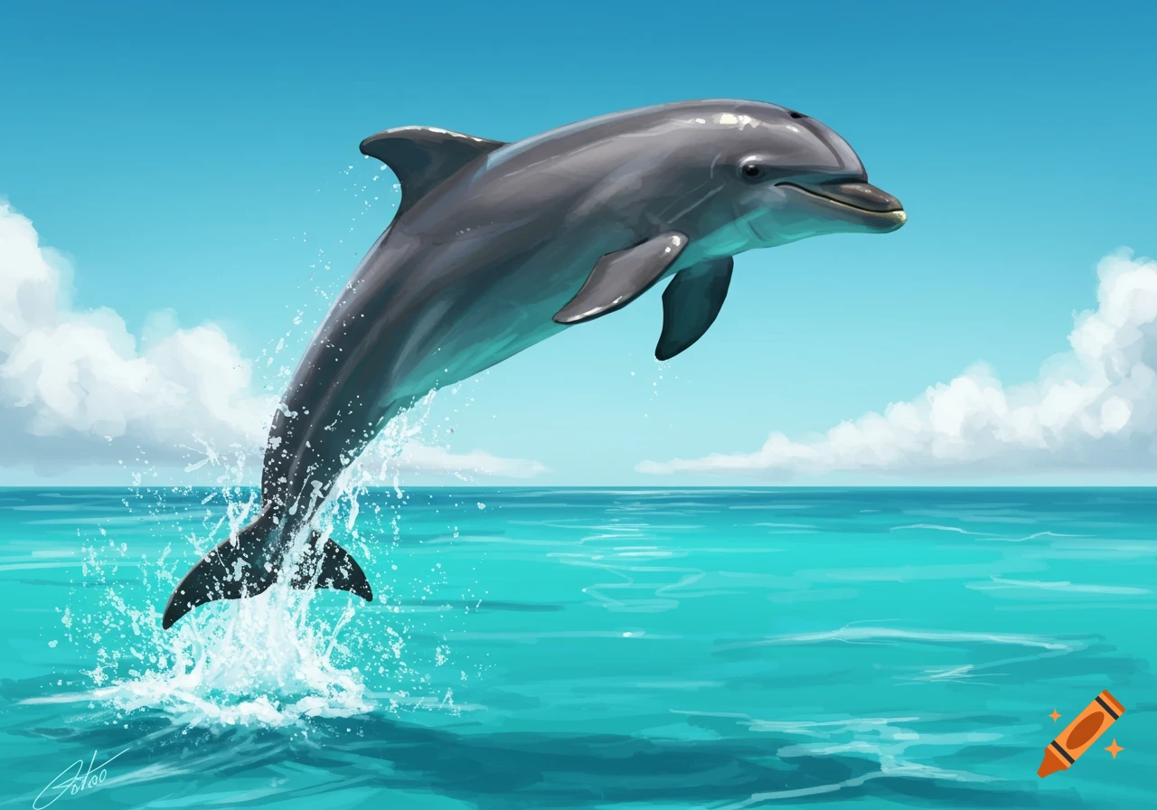 Digital painting of a dolphin jumping out of turquoise water against a blue sky.
