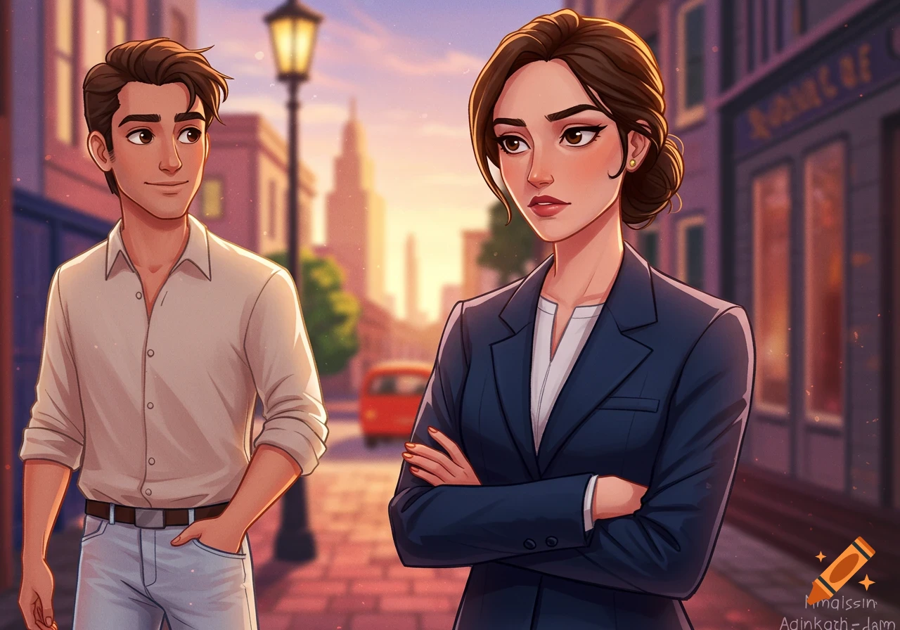 Two stylized characters, a man and a woman, stand on a city street at sunset.