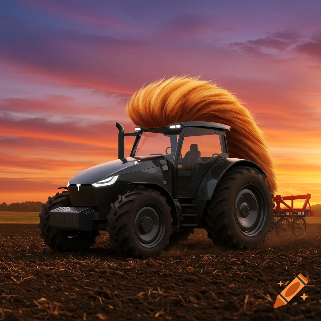A black tractor with large ginger hair drives through a field at sunset.