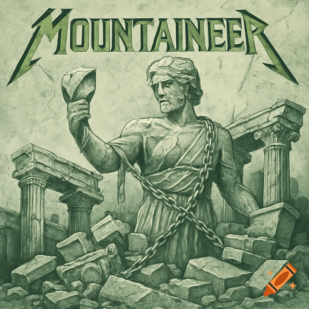 Green-tinted engraved illustration of a chained statue holding a rock surrounded by ruins, with 'MOUNTAINEER' logo.