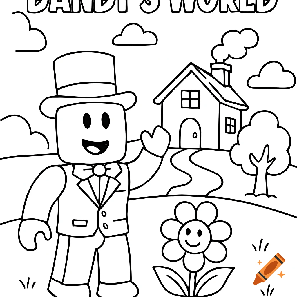 Black and white coloring page featuring a cartoon character in a suit and top hat, a house, and landscape elements. Text reads 'DANDY'S WORLD'.