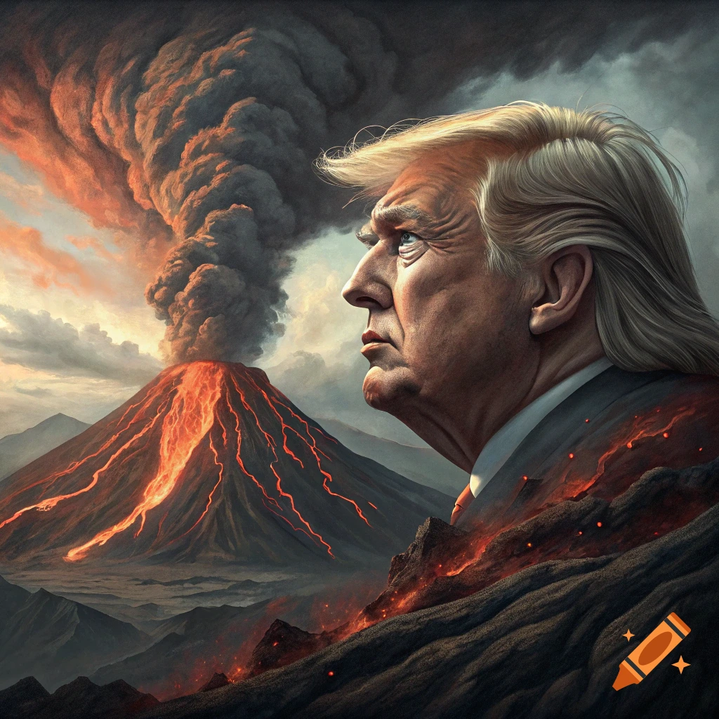 Dramatic portrait of a volcano erupting, with the profile face of Donald Trump incorporated into the peak.